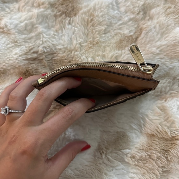 Michael Kors Women's Center Stripe MK TZ Coin Pouch Wallet DK Khaki Gold Leather - Picture 3 of 9